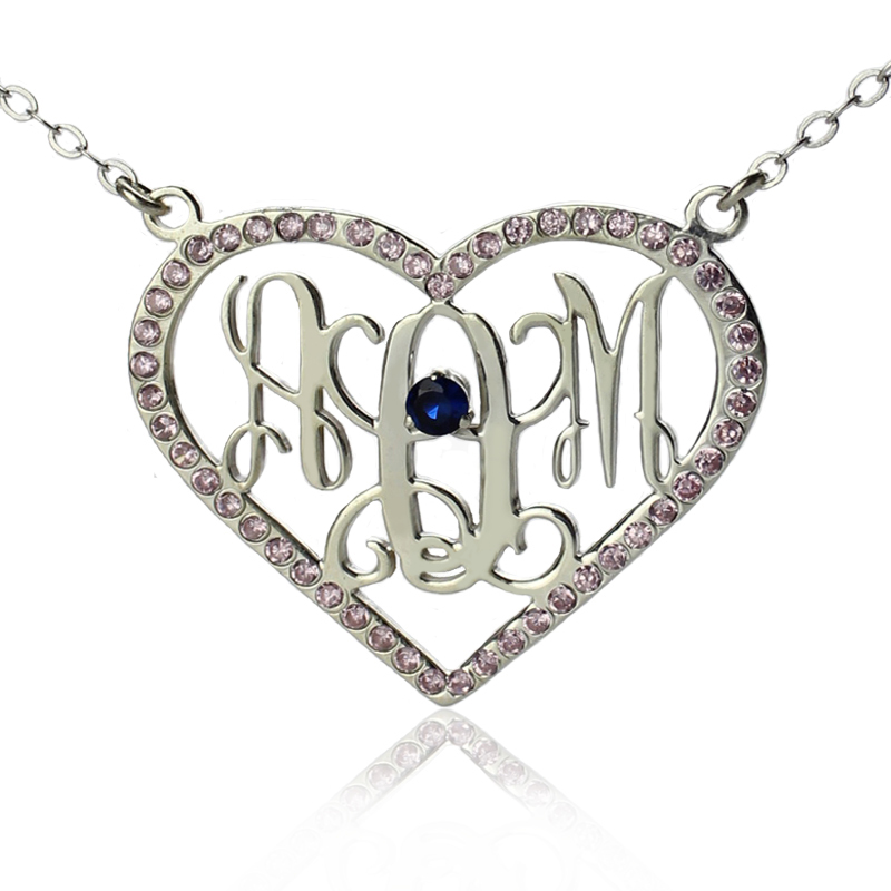 Sterling Silver Heart Birthstone Monogram Necklace Sterling silver heart birthstone monogram necklace