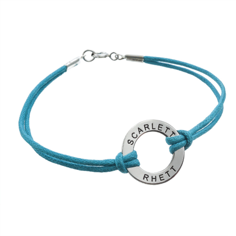 Personalised engraved coin bracelet or anklet with a leather-style cord