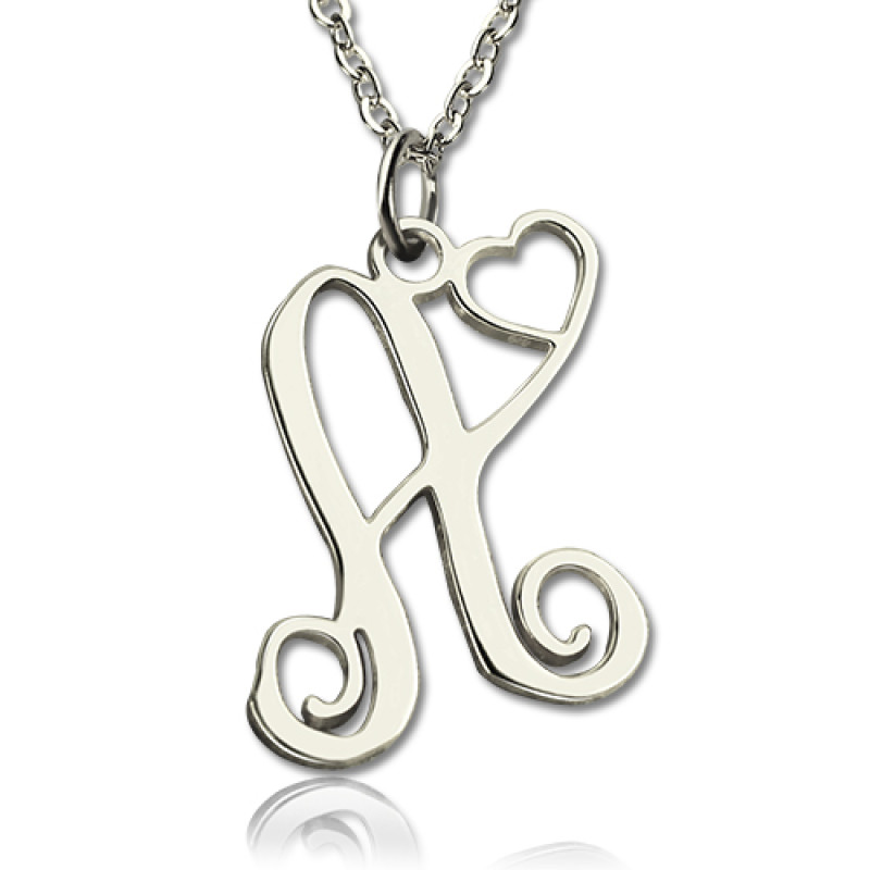 Custom heart initial monogram necklace in white gold
