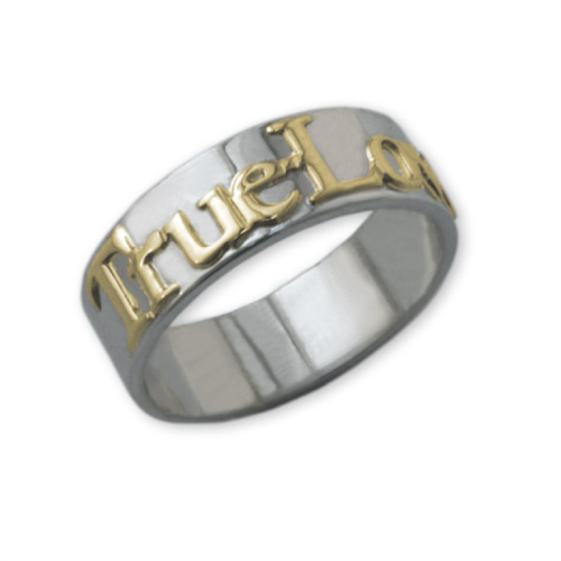 Personalised promise ring with gold lettering on a silver band