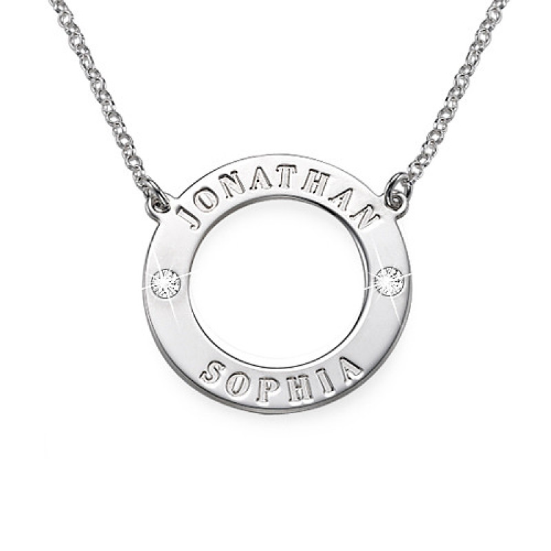 Personalised Silver Karma Necklace with Swarovski Crystals Personalised sterling silver karma necklace with engraved names and Swarovski crystals