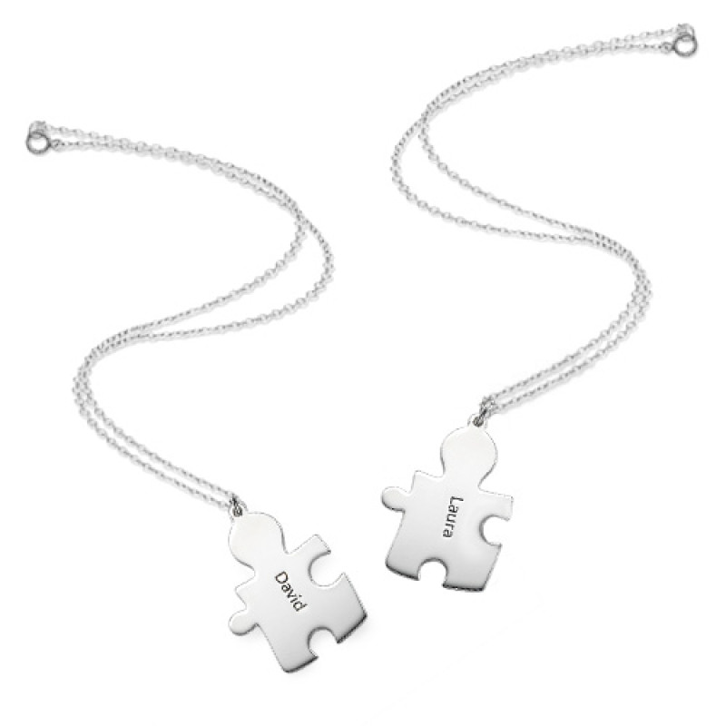 Personalised silver puzzle necklace with two matching puzzle pieces