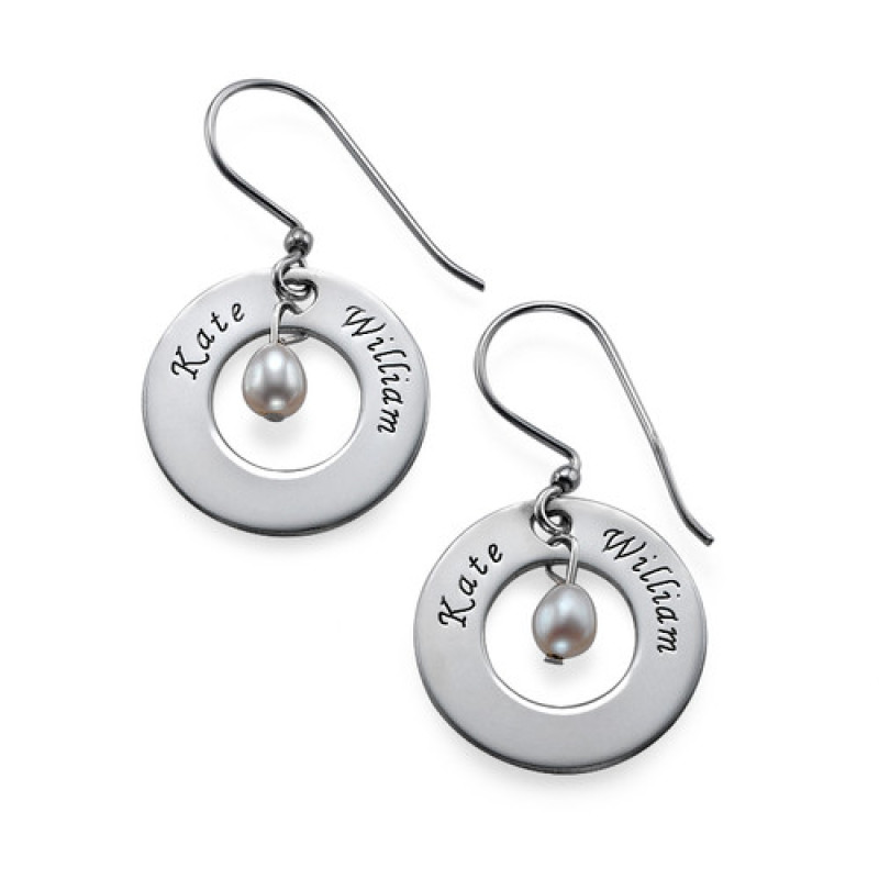 Personalised earrings with two engraved names and a central birthstone