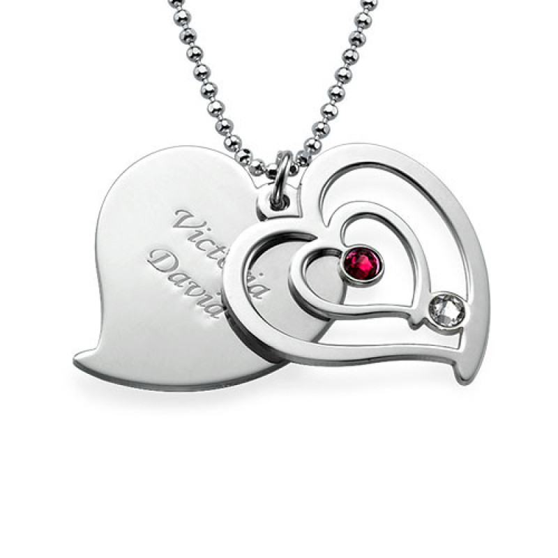 Personalised Couples Birthstone Heart Necklace Personalised couples birthstone heart necklace with engraved names