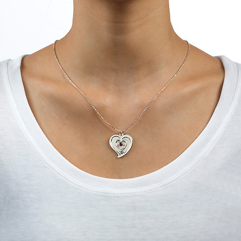 Engraved Birthstone Heart Necklace Personalised heart necklace with name engraving and birthstones