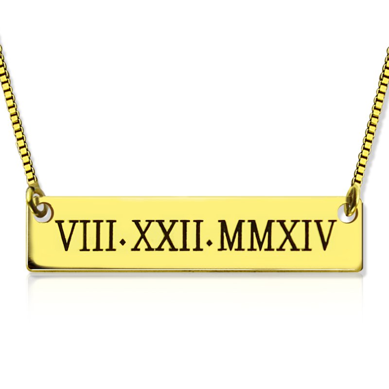 Personalised Roman numeral bar necklace in 18ct gold plated finish