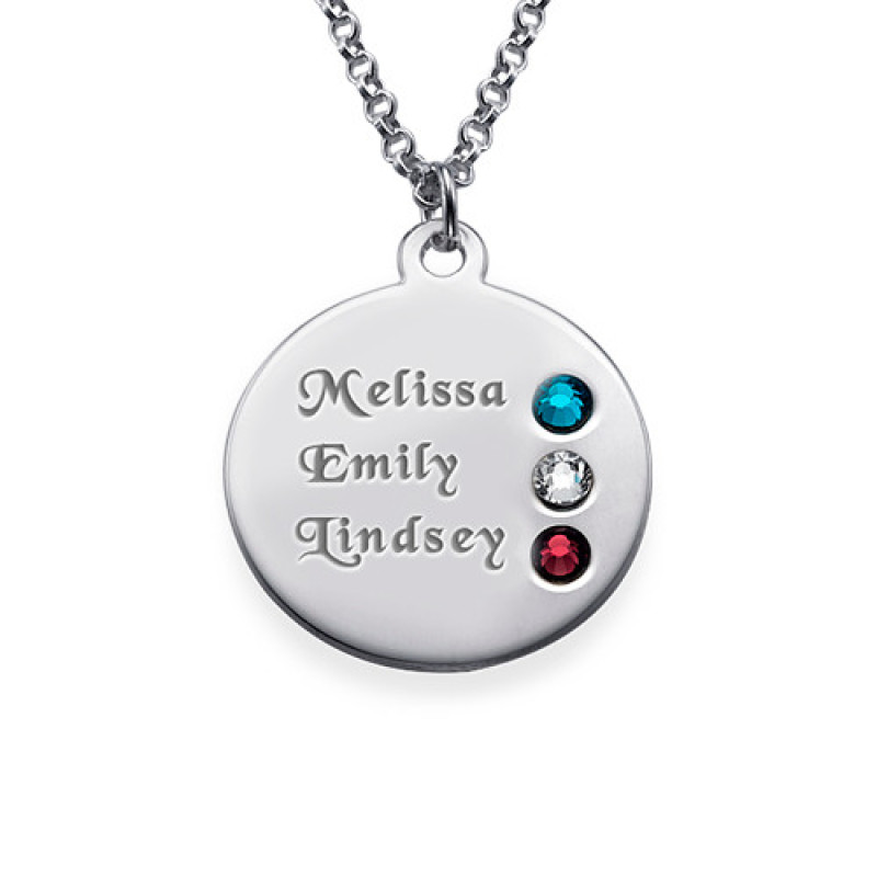 Silver Birthstone Necklace for Mum with personalised name inscriptions