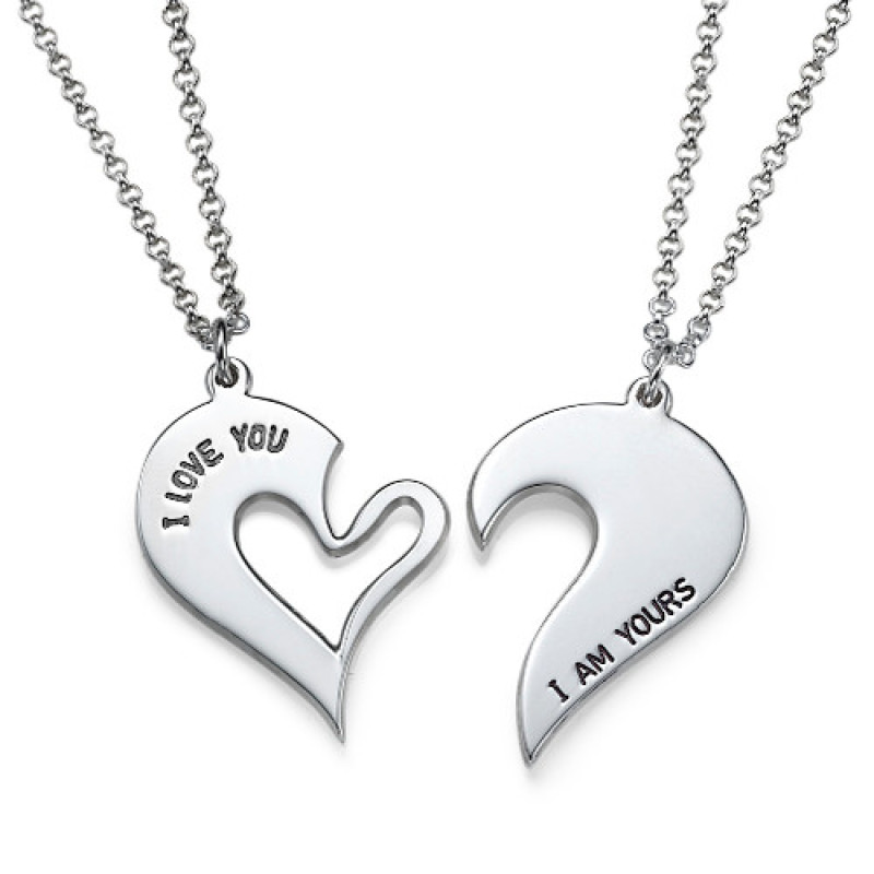 Silver couples breakable heart necklace with two matching heart halves