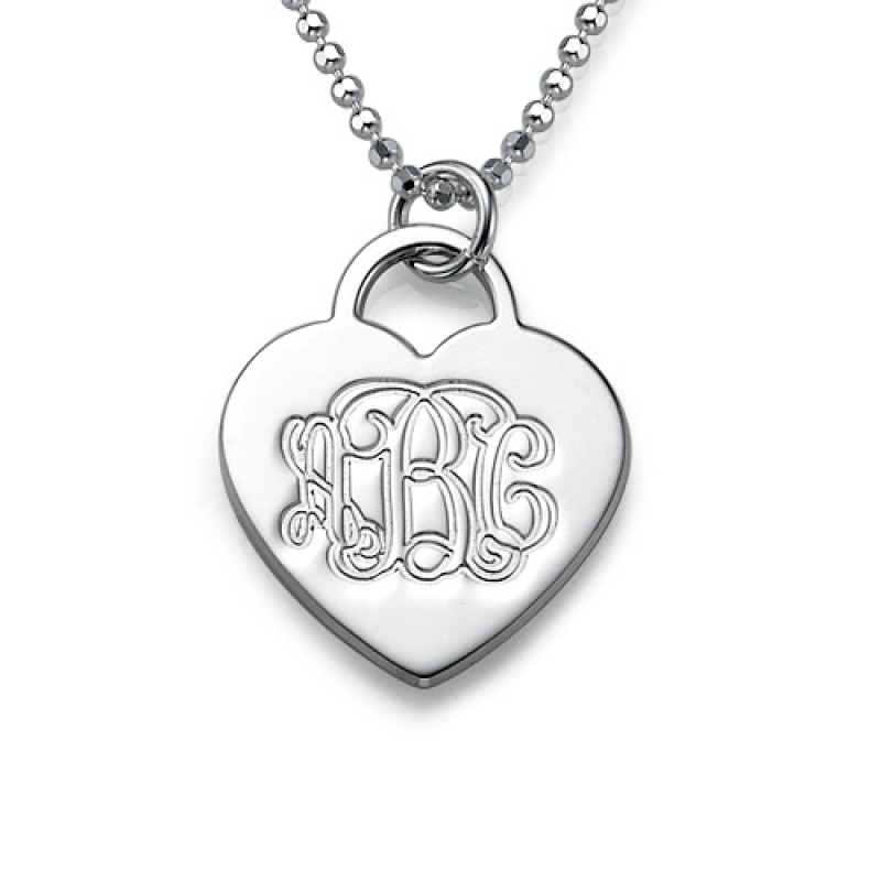Silver engraved monogram initials heart pendant