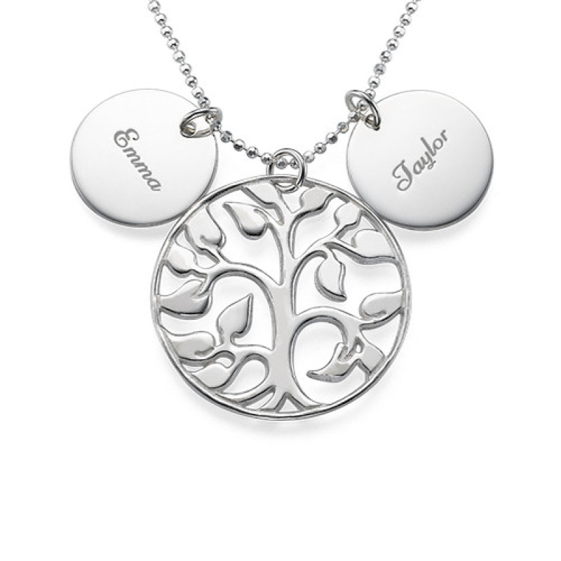 Sterling silver family tree necklace with personalised engraved discs