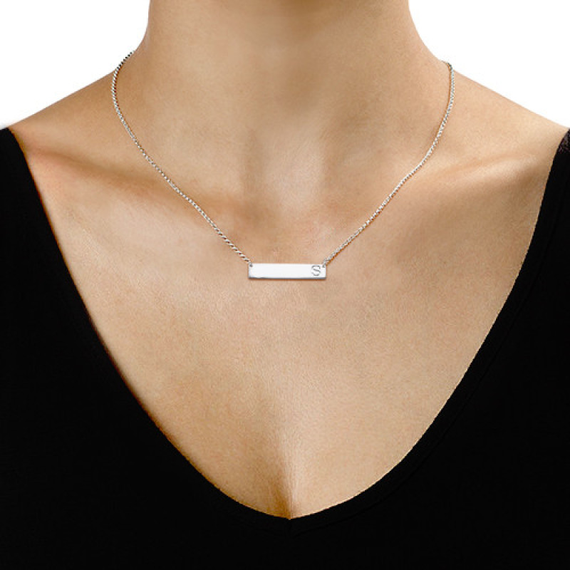 Silver Horizontal Initial Bar Necklace Silver horizontal bar necklace with a capital initial