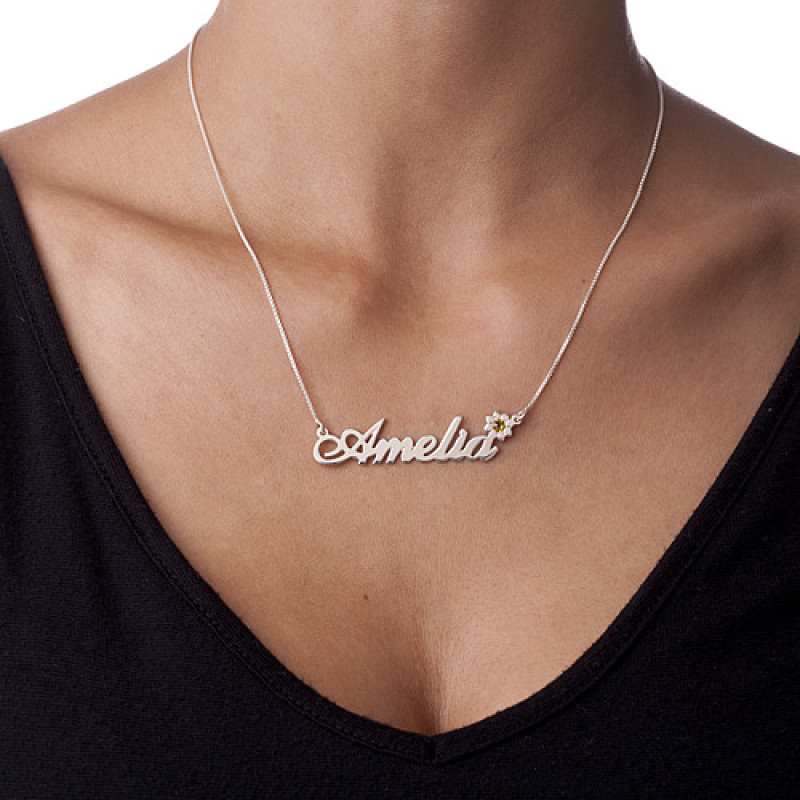 Personalised silver flower name necklace with Swarovski crystal centre