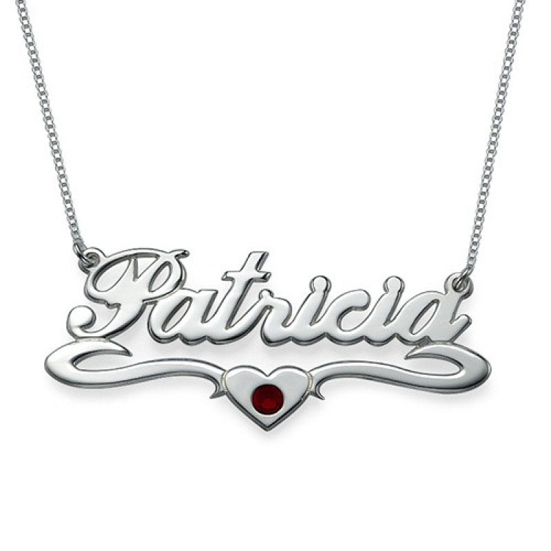 Silver personalised name necklace with a Swarovski crystal-accented middle heart
