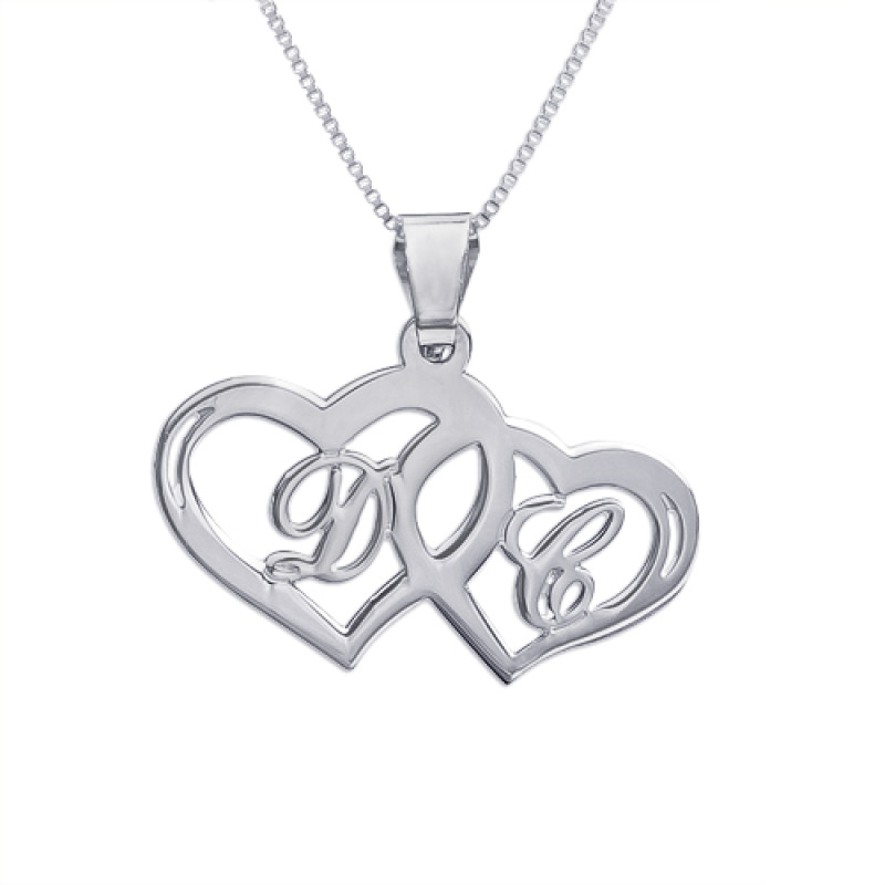Silver Couples Hearts Initial Pendant Personalised sterling silver couples two hearts initial pendant necklace