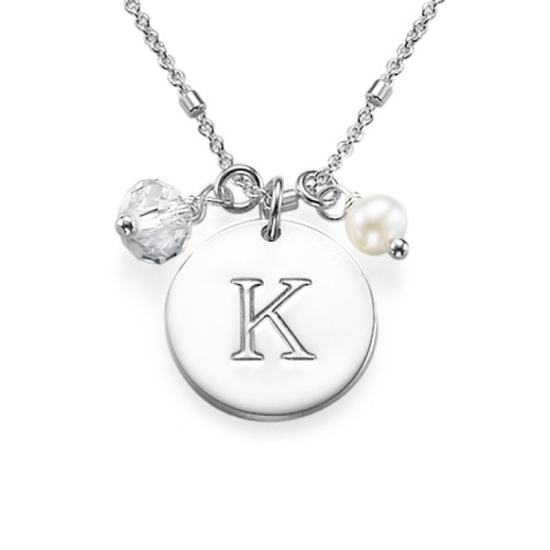 Sterling Silver Charm Initial Pendant with freshwater pearl and clear crystal