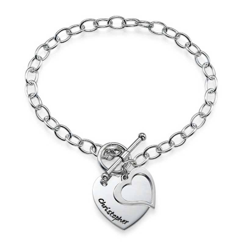 Sterling Silver Double Heart Charm Bracelet Sterling silver personalised double heart charm bracelet