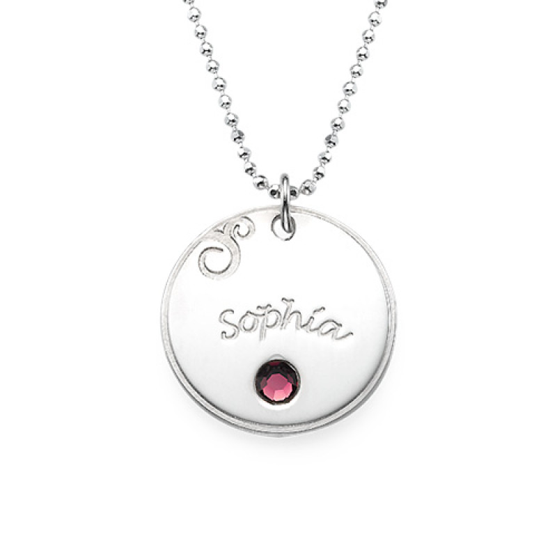 Engraved Sterling Silver Birthstone Disc Necklace Sterling silver engraved disc necklace with birthstone