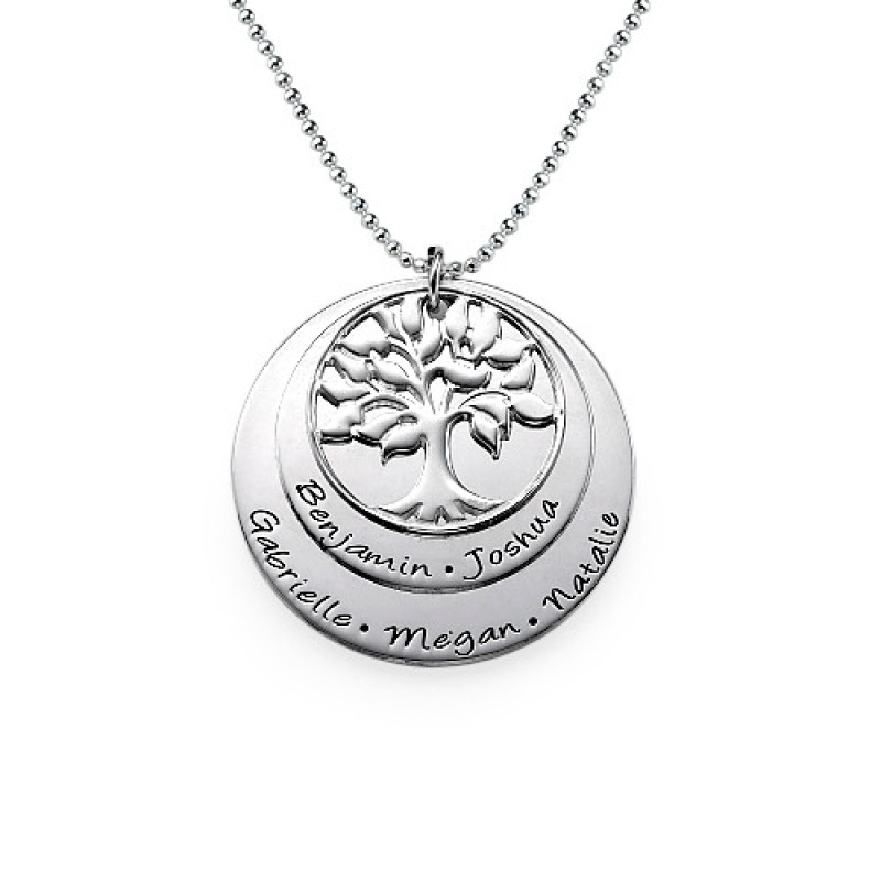 Layered sterling silver family tree necklace with engraved name discs