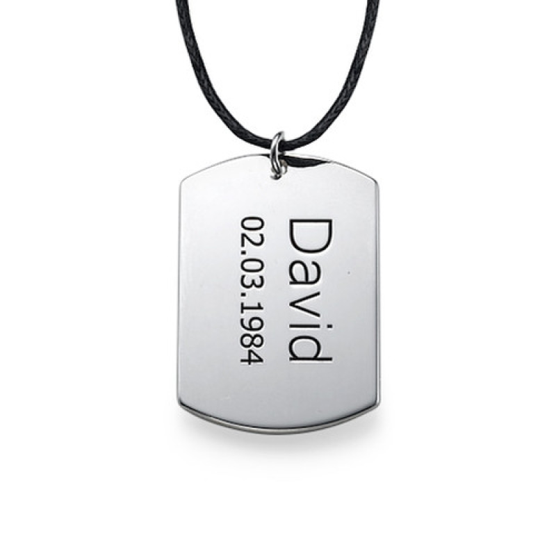 Sterling Silver Men's Personalised Dog Tag Necklace Sterling silver men's personalised dog tag name pendant on a leather cord