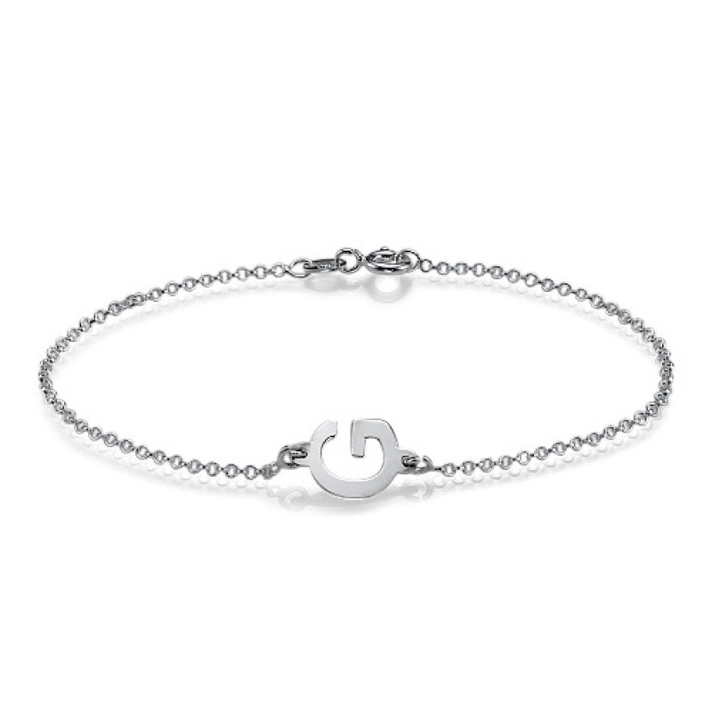Sterling silver sideways initial bracelet on a Rollo chain