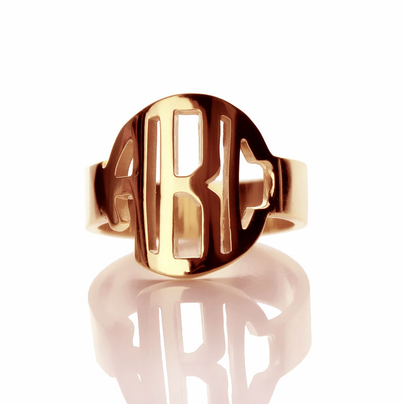 Personalised circle block monogram ring in solid rose gold
