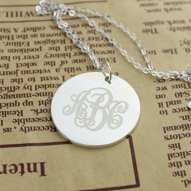 Solid white gold vine font disc engraved monogram necklace