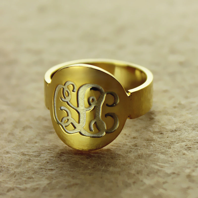 Solid gold engraved monogram initial ring product image