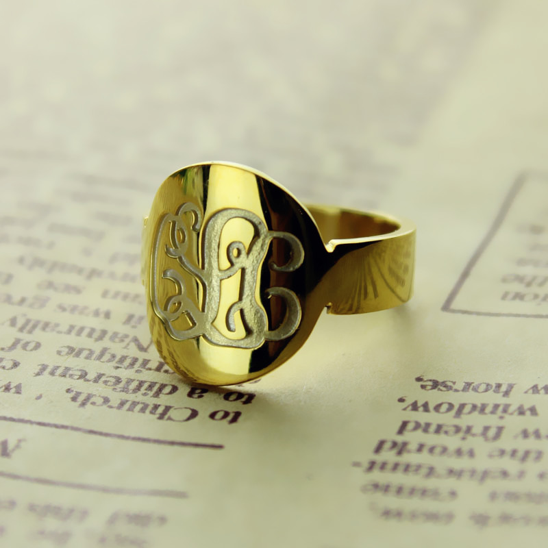 Solid gold engraved monogram initial ring product image