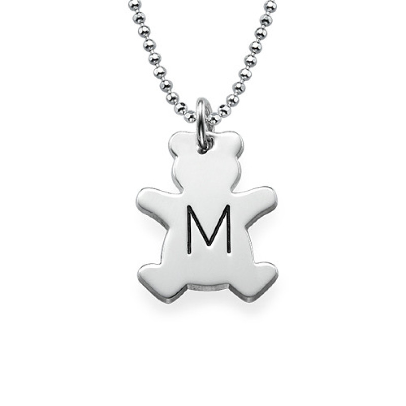 Personalised teddy bear necklace with a capital initial in silver