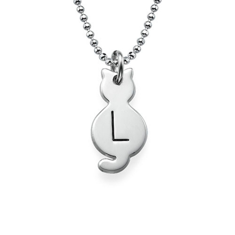 Tiny cat necklace with an engraved capital initial