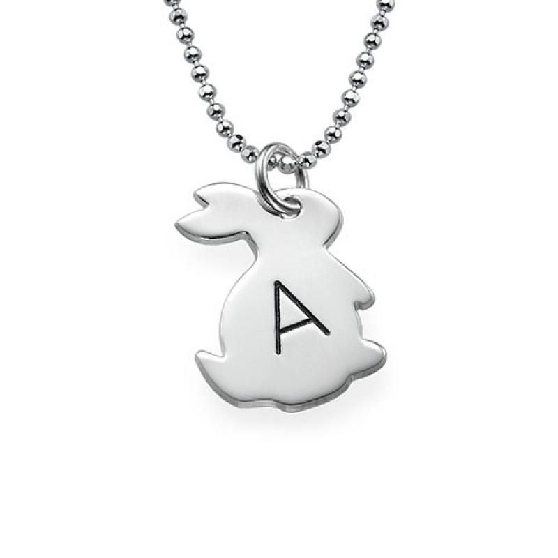 Tiny Rabbit Necklace with Initial in Silver Tiny sterling silver rabbit necklace with an engraved capital initial