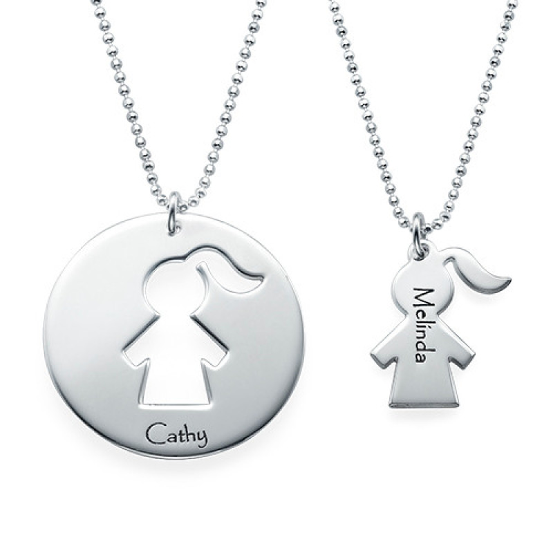 Mother daughter necklace set with engraved disc pendant and separate girl charm