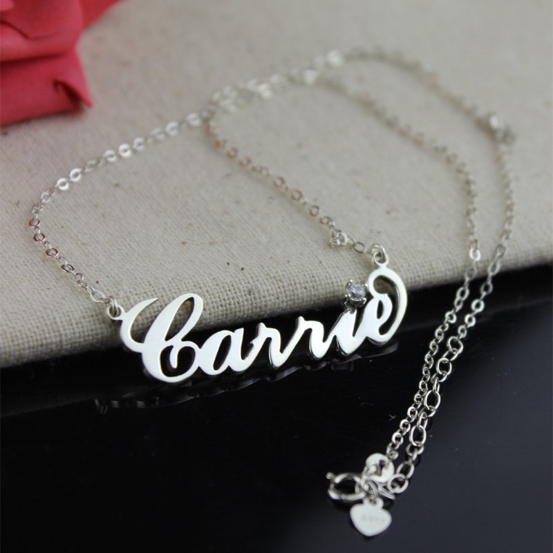 Carrie-style personalised name necklace with birthstone