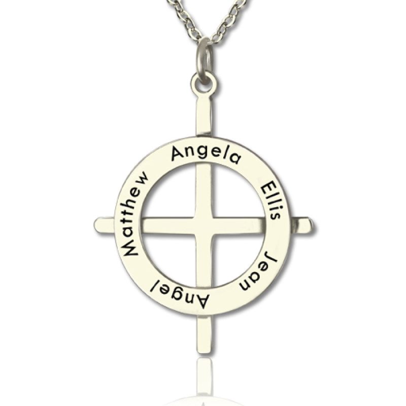 Personalised Silver Circle Cross Name Necklace Silver Latin-style circle cross necklace with personalised names