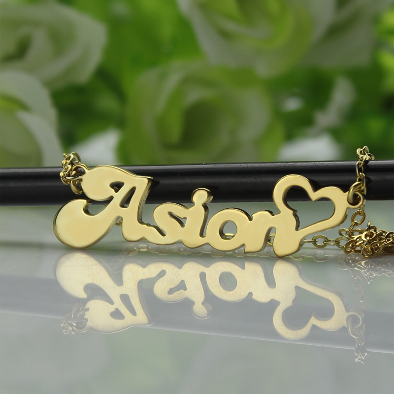 Personalised solid gold heart name necklace with double hooks