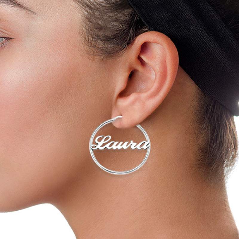 Sterling Silver Personalised Hoop Name Earrings Sterling silver personalised hoop name earrings in script font