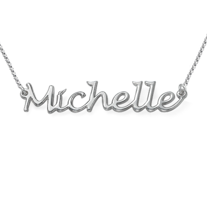 Silver handwritten name necklace pendant on a chain