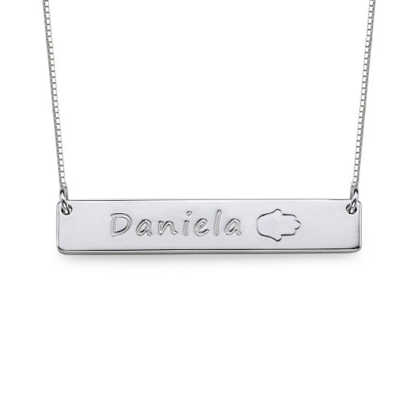 Silver bar necklace with Hamsa icon