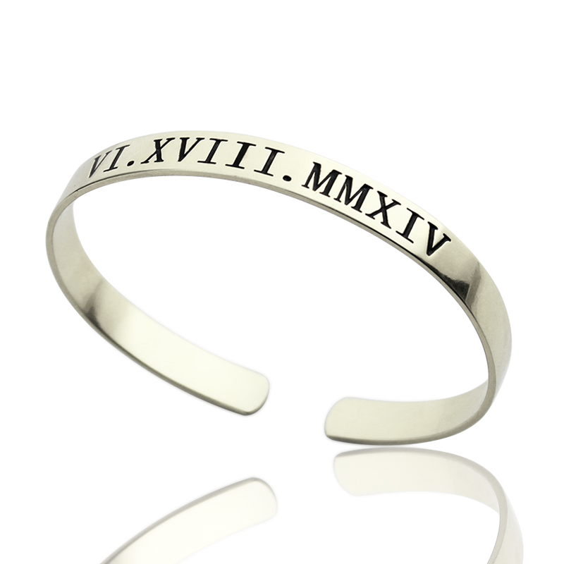 Personalised Roman numeral date cuff bracelet in silver