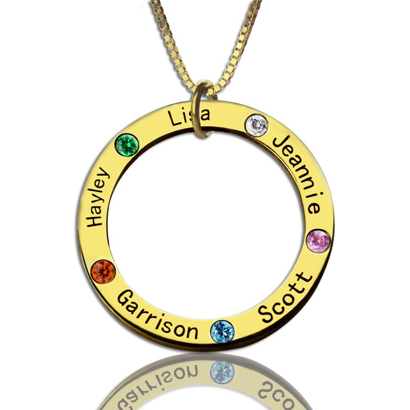 Family circle names necklace for mother with engraved names and birthstones