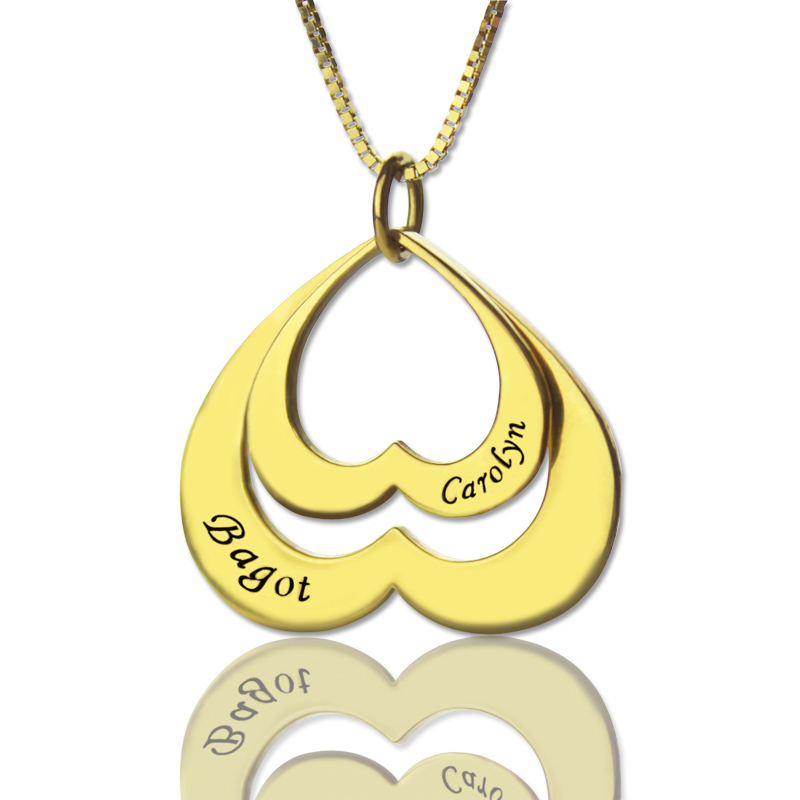 Personalised double heart name pendant in 18ct gold plating