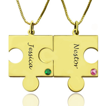 Matching Puzzle Necklace for Couple With Name Birthstone 18ct Gold Plate