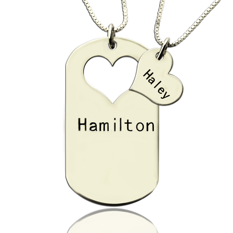 Couples Name Dog Tag Necklace Set Couples name dog tag necklace set with cut-out heart