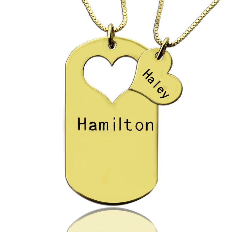 Matching heart dog tag name necklaces for couples