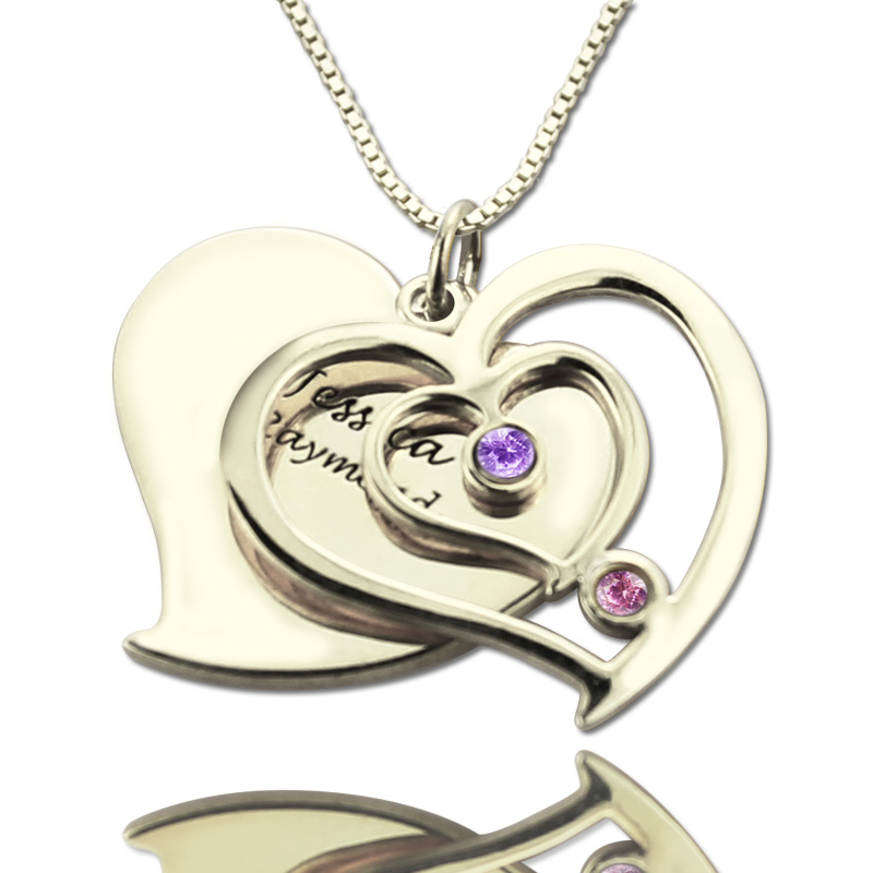 Personalised Couples Birthstone Heart Name Necklace Personalised couples birthstone heart name necklace with two intertwined hearts