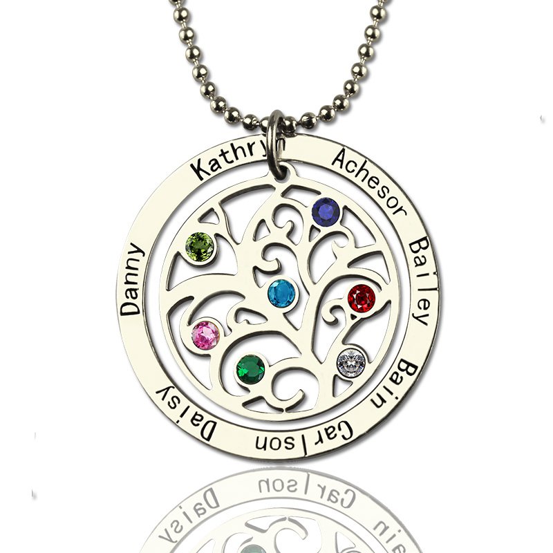Personalised family tree necklace with engraved names and birthstones