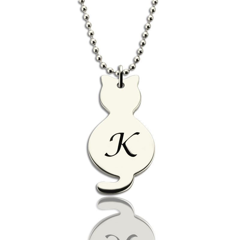 Personalised tiny cat initial pendant necklace in silver