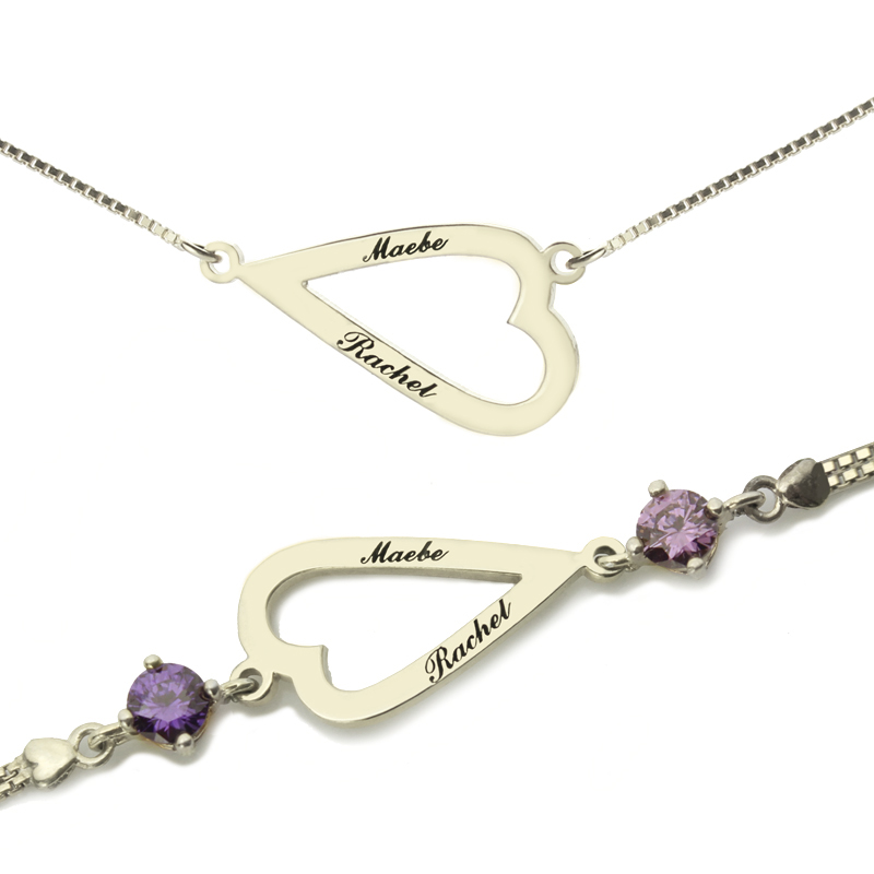 Open heart personalised name necklace and bracelet set