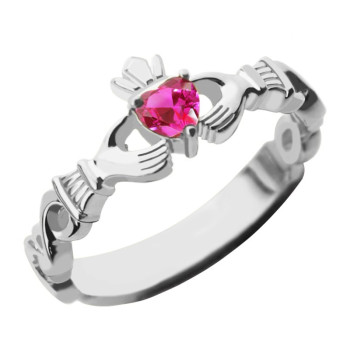 Ladies Claddagh Rings With Birthstone Name White Gold Plated Silver