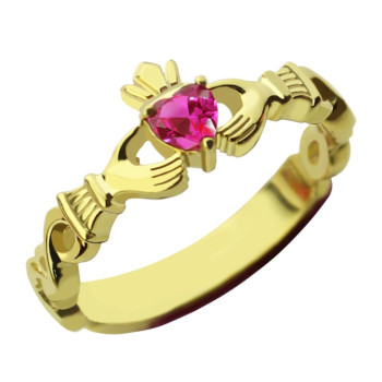 Ladies Modern Claddagh Rings With Birthstone Name Gold Plated